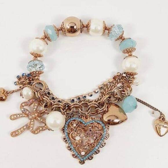 Betsey Johnson Rose Gold Tone Rhinestone Faux Pearl Blue Beads Stretch Bracelet - Picture 10 of 11